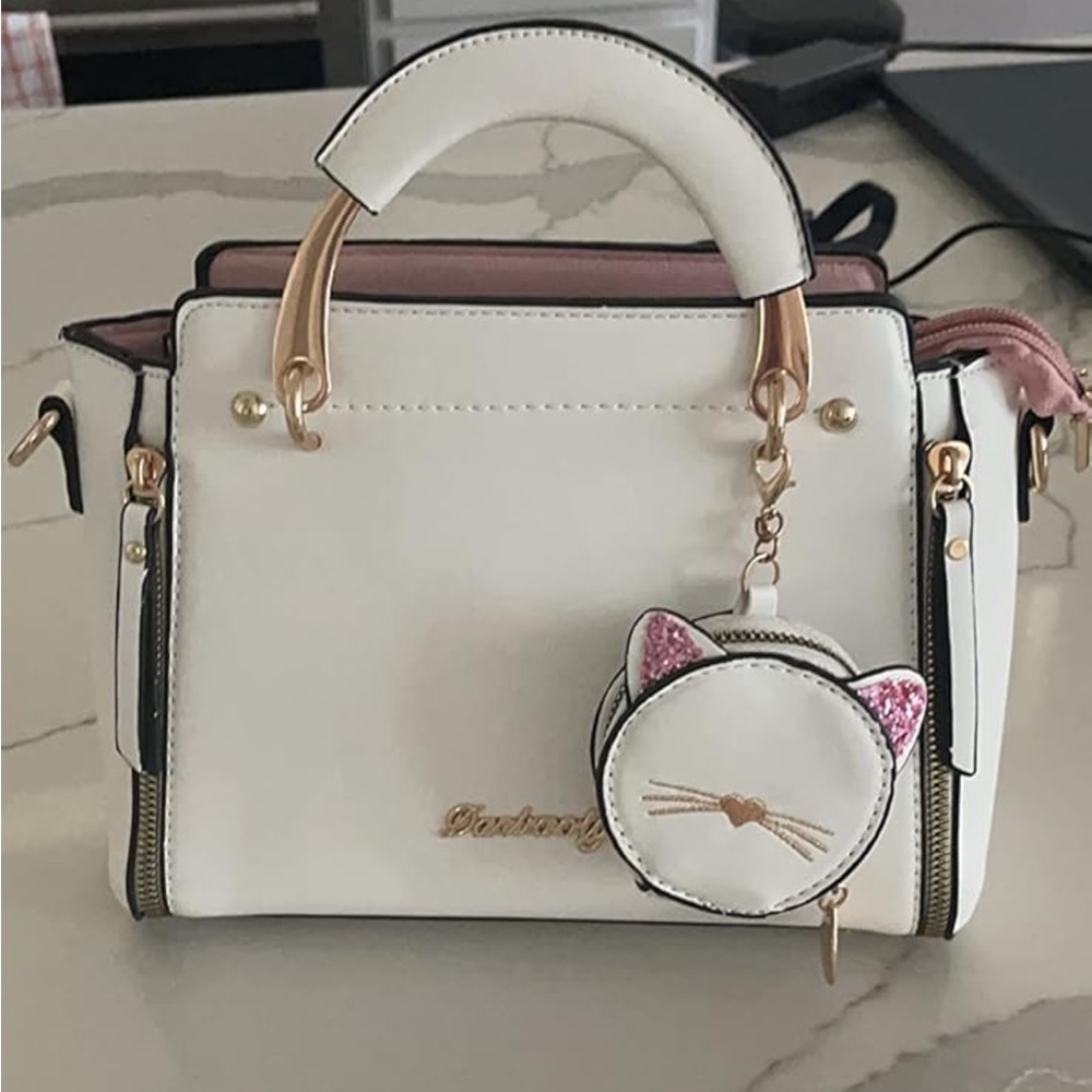 White Top Handle Satchel Bag With Coin Purse Crossbody Strap Gold Color Accents